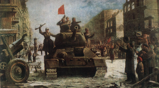 Ликующие жители Будапешта встречают советских танкистов. Картина.