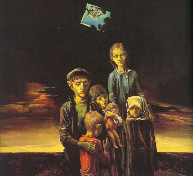 Группа детей, печально жмущихся друг к другу, на фоне чёрного неба и зарева на горизонте. Картина.