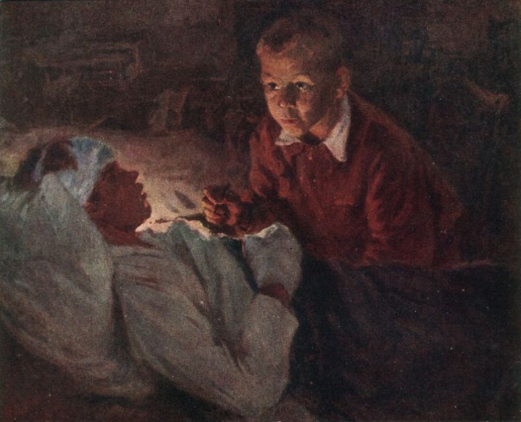 Мальчик ухаживает за спрятанным от фашистов раненным советским бойцом. Картина.