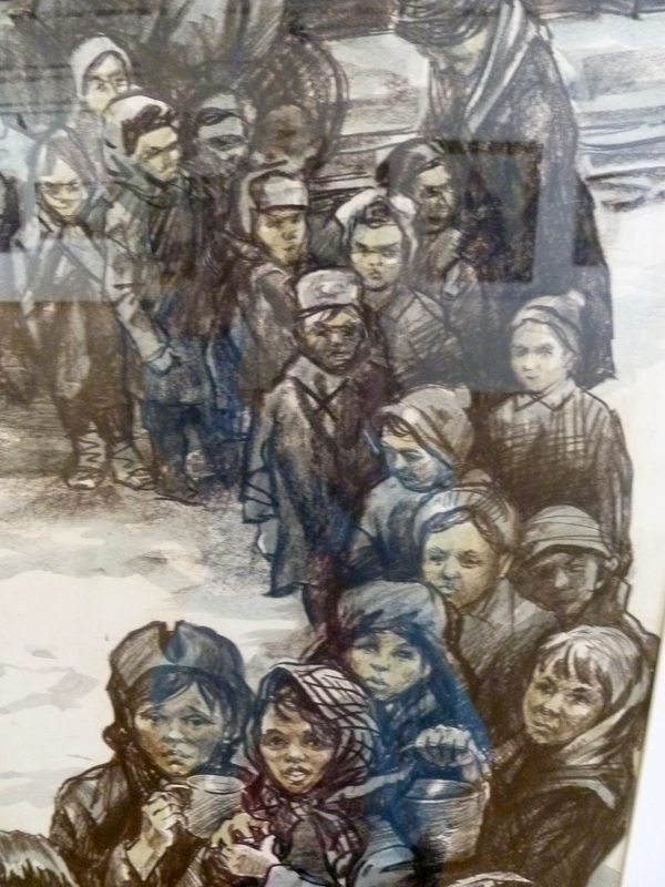 Дети зимой стоят в очереди. Картина.