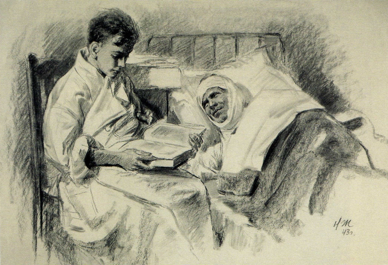 Пионер читает раненому книгу. Рисунок.