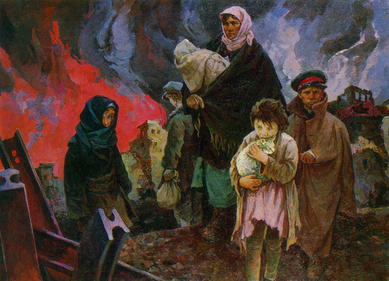 Дети и женщина с млданцем на руках на фоне дымящихся руин. Картина.