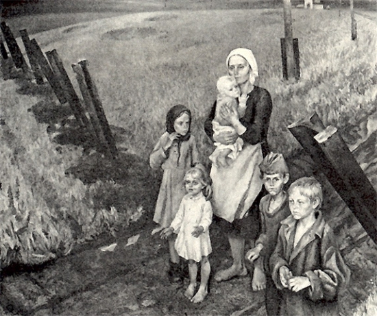 Группа детей на фоне военноо зарева. Картина.