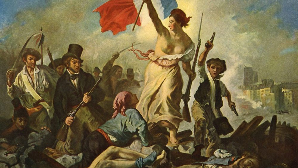 Женщина со знаменем призывает к борьбе. Картина.