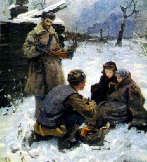 Советские бойцы кормят обездоленных детей. Картина.