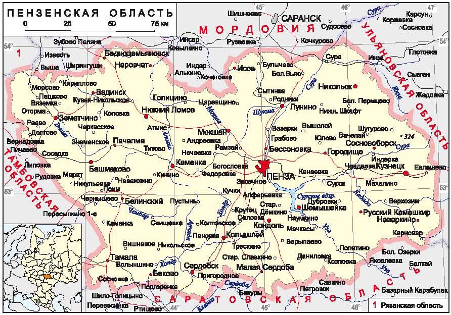 Карта Пензенской области.