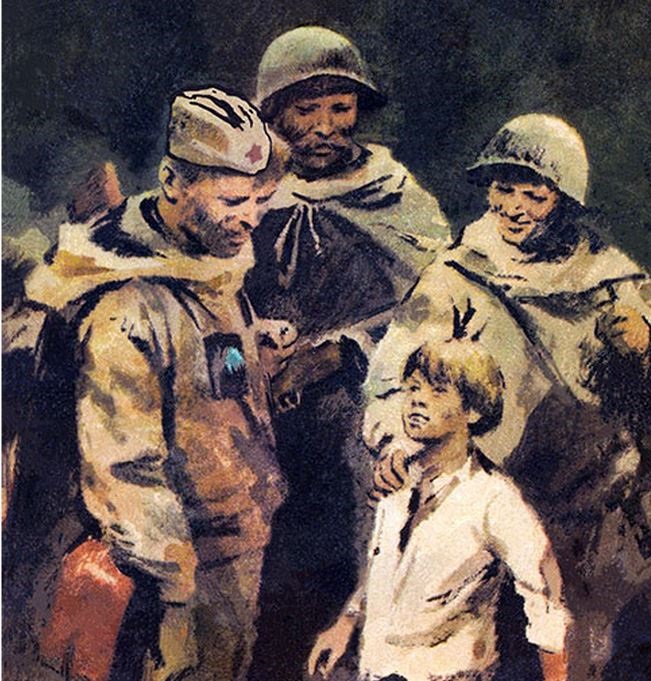 Мальчик в рваной одежде среди советских бойцов. Картина.