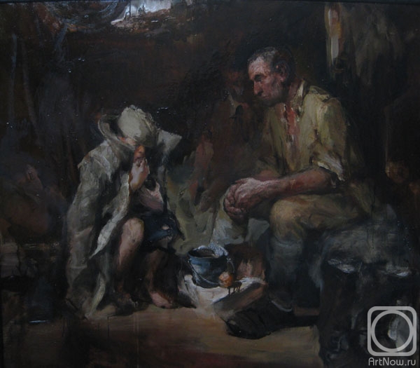 Пожилой боец кормит своим пайком осиротевшего подростка в наброшенной на плечи шинели. Картина.