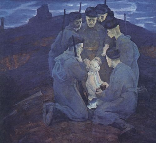 Советские солдаты кормят обездоленную девочку. Картина.