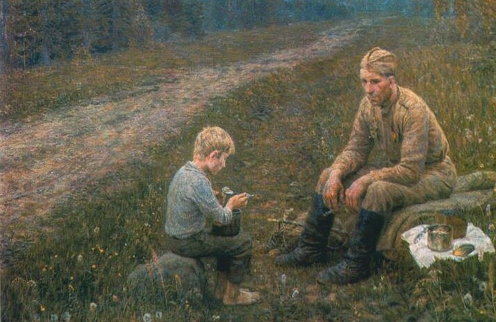 Пожилой советский боец кормит своим пайком осиротевшего мальчика. Картина.