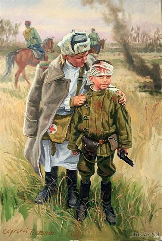 Медсестра уводит с поля боя раненого сына полка с повязкой на голове. Картина.